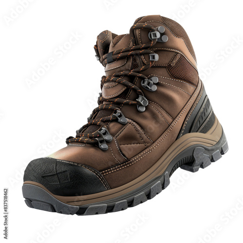 Close-up of a rugged brown hiking boot with sturdy laces and a thick, durable sole, perfect for outdoor adventures and trekking in rough terrains. photo