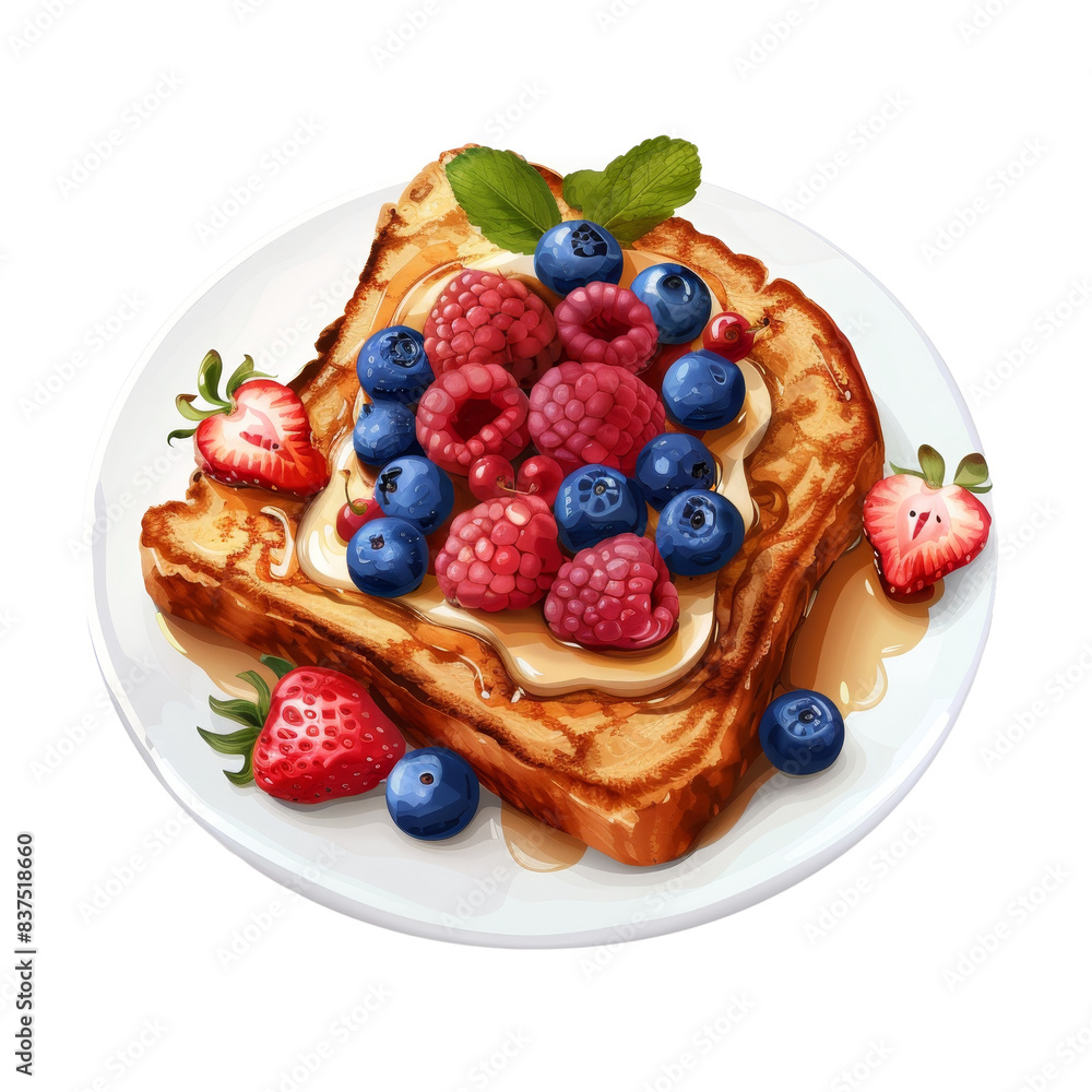 Delicious French toast topped with fresh strawberries, raspberries, blueberries, and a hint of honey, served on a white plate. Delicious French toast topped with fresh strawberries, raspberries, blueberries, and a hint of honey, served on a white plate.