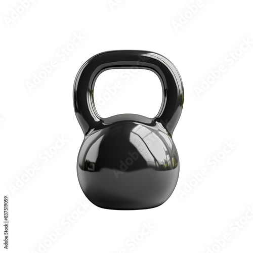 Shiny black kettlebell weight on a transparent background, perfect for fitness, strength training, and gym-related projects and designs.