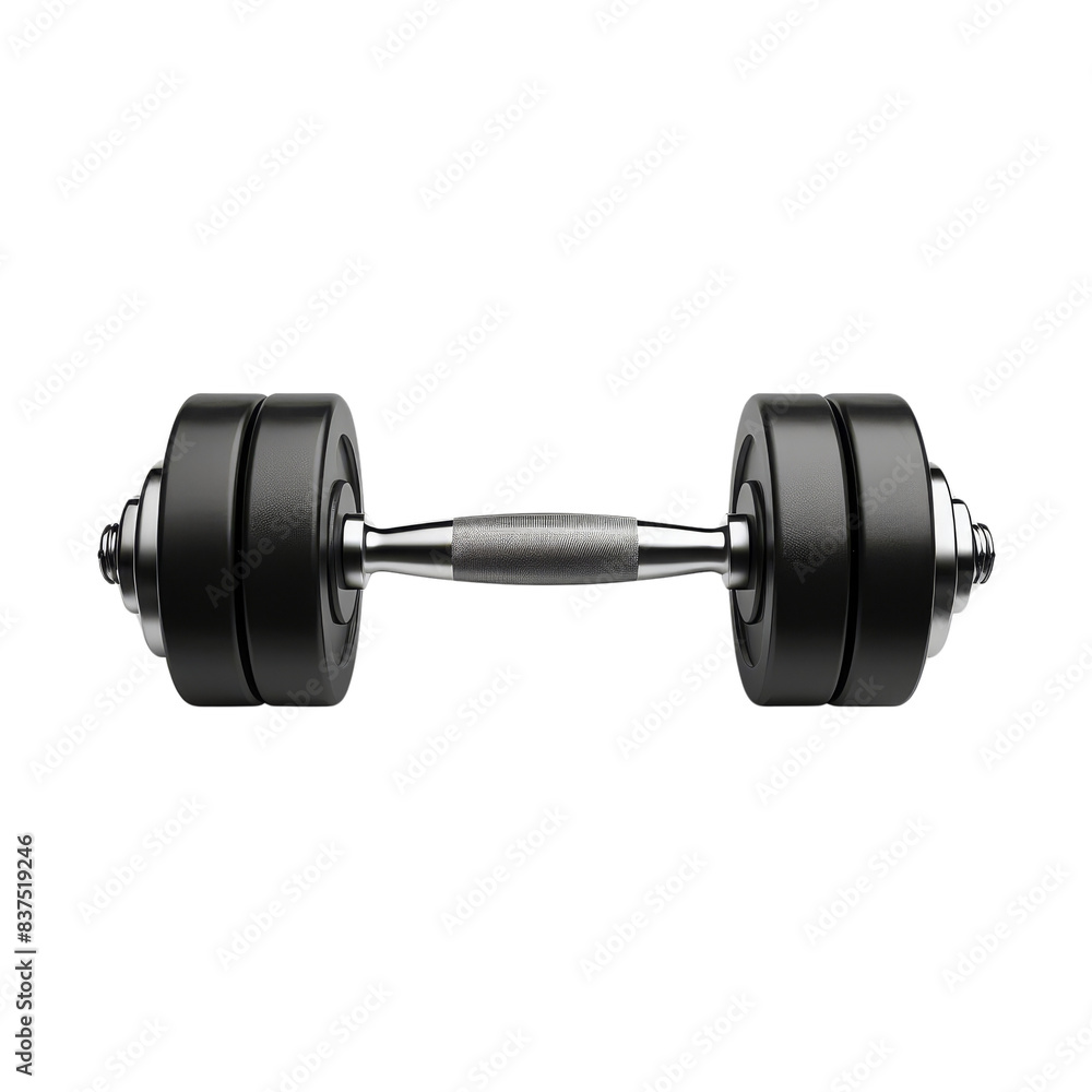 A black dumbbell with steel handle isolated on transparent background. Ideal for fitness, weight training, and home gym equipment visuals. A black dumbbell with steel handle isolated on transparent background. Ideal for fitness, weight training, and home gym equipment visuals.