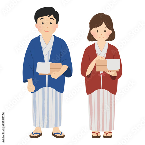 温泉旅行_浴衣姿のカップル_ベクターイラスト