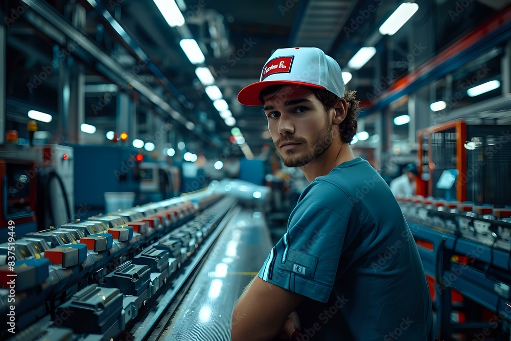 Industrial Production Line Worker Collaborating with Colleagues Industrial Production Line Worker Collaborating with Colleagues