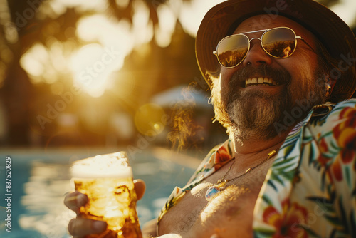 exxaggeratedly fat young man with sunglasses and bearded, holding up beer to the camera smiling at an outdoor pool party in Florida © Kien