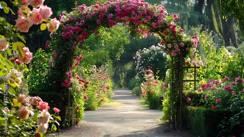 a colorful array of flowers, including pink, purple, and red blooms, adorn a path leading to a gate photo