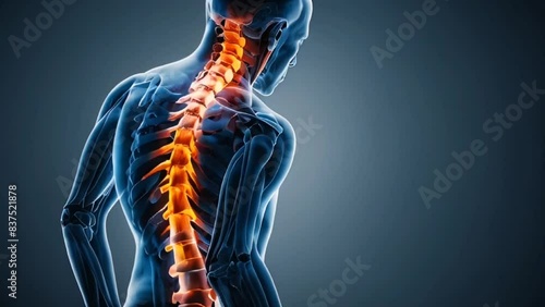 Xray and 3d Spinal pain and human back anatomy Man puts his hands behind his back with pain in his spine. seamless overlay 4k virtual video animation background