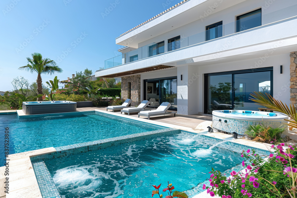 modern luxury villa with pool and jacuzzi in the Mediterranean, blue sky, flowers, sunbeds, large windows overlooking sea view...