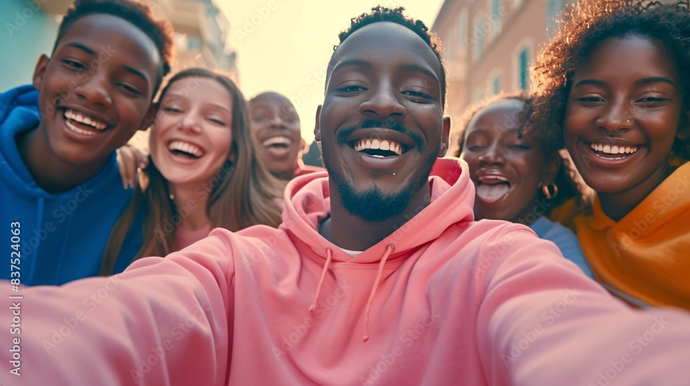A group of young friends taking a selfie photo together on the street, smiling and having fun while dancing in an outdoor place with a city background. A black man wearing a pink hoodie is posing for A group of young friends taking a selfie photo together on the street, smiling and having fun while dancing in an outdoor place with a city background. A black man wearing a pink hoodie is posing for