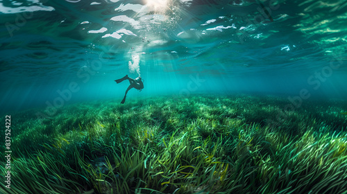 the ocean underwater tropical reef with through water surface. th diver explore seagrass field