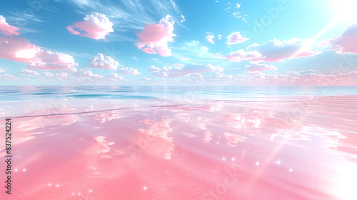 A beautiful pink and blue sky with clouds and a calm ocean. The scene is serene and calming, with the colors of the sky