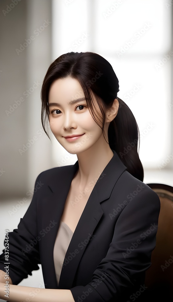 A beautiful Korean woman with long, dark hair styled in a sleek ponytail. She has smooth, fair skin and elegant features, with a calm and serene expression. She is wearing a stylish and modern outfit A beautiful Korean woman with long, dark hair styled in a sleek ponytail. She has smooth, fair skin and elegant features, with a calm and serene expression. She is wearing a stylish and modern outfit