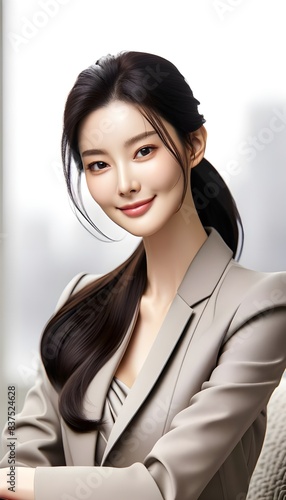 A beautiful Korean woman with long, dark hair styled in a sleek ponytail. She has smooth, fair skin and elegant features, with a calm and serene expression. She is wearing a stylish and modern outfit