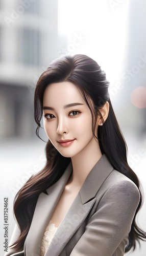 A beautiful Korean woman with long, dark hair styled in a sleek ponytail. She has smooth, fair skin and elegant features, with a calm and serene expression. She is wearing a stylish and modern outfit