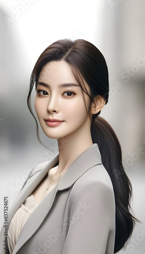 A beautiful Korean woman with long, dark hair styled in a sleek ponytail. She has smooth, fair skin and elegant features, with a calm and serene expression. She is wearing a stylish and modern outfit