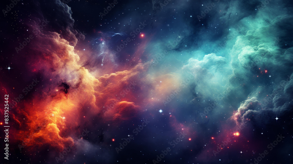 Naklejka premium Explore a stunning artistic space nebula composition with vibrant colors in this flat illustration featuring detailed textures and seamless patterns.