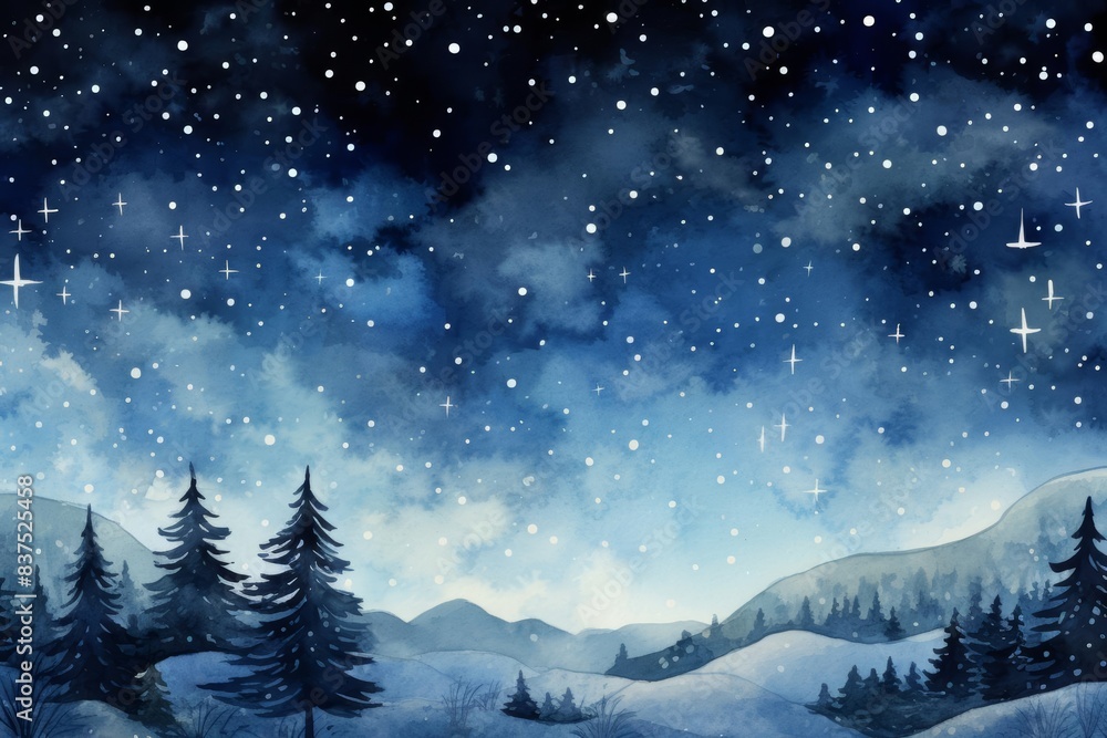 Snowy night flat design, top view, winter theme, watercolor, Tetradic color scheme Snowy night flat design, top view, winter theme, watercolor, Tetradic color scheme