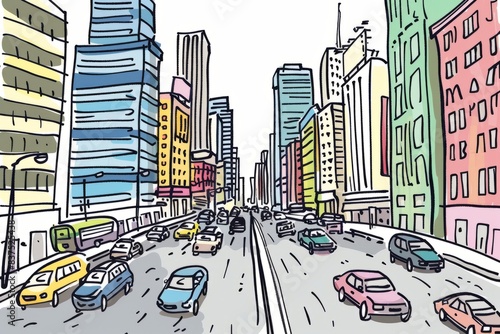 Cartoon cute doodles of a bustling city street with tall skyscrapers and busy traffic, Generative AI photo