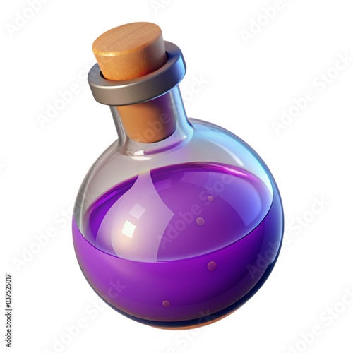 A mystical potion bottle contains a transparent liquid, crafted with enchanting magic and alchemy glass bottle.  The potion's clear elixir sparkles 3d render glass bottle isolated on white background