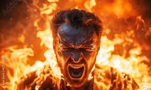 Close-up of an extremely angry adult mature man screaming with flames in background, Generative AI  © Meena Image