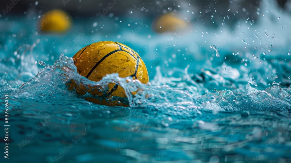 Water polo ball splashing in pool - A vibrant image capturing a water polo ball making a splash in blue pool water, highlighting the dynamic nature of water sports Water polo ball splashing in pool - A vibrant image capturing a water polo ball making a splash in blue pool water, highlighting the dynamic nature of water sports