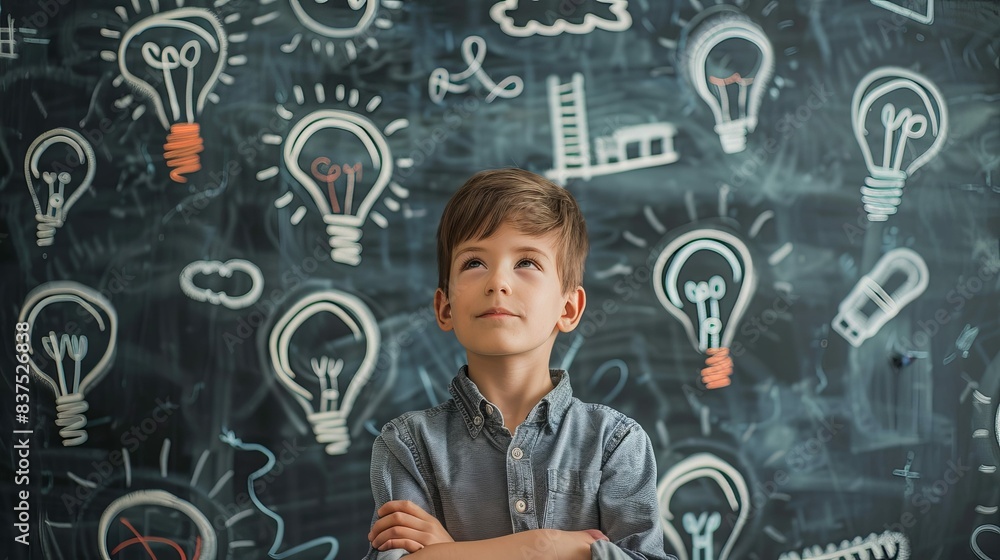 He is looking up at the board with a thoughtful expression on his face He is looking up at the board with a thoughtful expression on his face