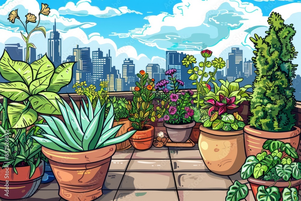 Cartoon cute doodles of a scenic rooftop garden with plants, flowers, and a view of the city skyline, Generative AI Cartoon cute doodles of a scenic rooftop garden with plants, flowers, and a view of the city skyline, Generative AI