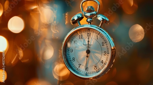 Vintage pocket watch with bokeh lights - A close-up of an antique pocket watch suspended in the air with a blurred background of warm bokeh lights photo