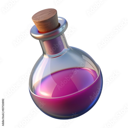 A mystical potion bottle contains a transparent liquid, crafted with enchanting magic and alchemy glass bottle.  The potion's clear elixir sparkles 3d render glass bottle isolated on white background