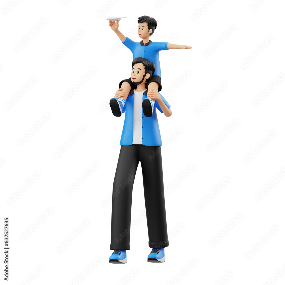 3D Character Child Carried On Father Shoulder 3D Character Child Carried On Father Shoulder