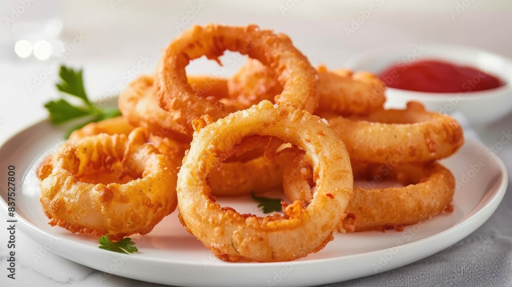 Delicious golden breaded and deep fried crispy onion rings with ketchup on white plate Delicious golden breaded and deep fried crispy onion rings with ketchup on white plate