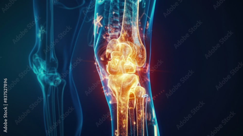 A human tibia isolated with a 3D hologram, illustrating a medical concept using new technology. A human tibia isolated with a 3D hologram, illustrating a medical concept using new technology.