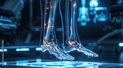 A human tibia isolated with a 3D hologram, illustrating a medical concept using new technology. photo