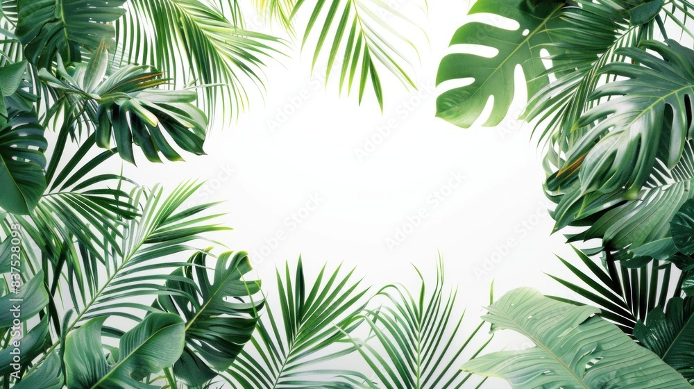 Tropical foliage against a pristine white backdrop, showcasing the lush greenery and intricate details of nature's tropical paradise, exudes a sense of serenity and refreshment. Tropical foliage against a pristine white backdrop, showcasing the lush greenery and intricate details of nature's tropical paradise, exudes a sense of serenity and refreshment.