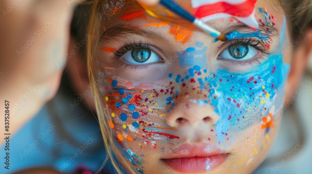 A young girl with colorful face paint looks at the camera. She is wearing a blue shirt and has her hair tied back. The background is out of focus. A young girl with colorful face paint looks at the camera. She is wearing a blue shirt and has her hair tied back. The background is out of focus.