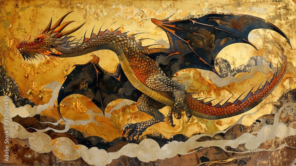 Fototapeta premium Dragon in pastel colors, with Chinese motifs
