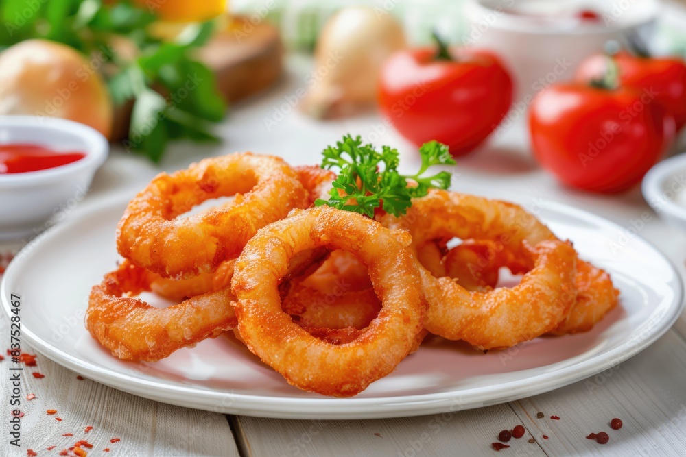 Delicious golden breaded and deep fried crispy onion rings on white plate with ketchup and tomatoes Delicious golden breaded and deep fried crispy onion rings on white plate with ketchup and tomatoes