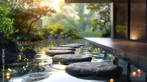 Stepping stones in serene garden spa. Stepping stones in a serene garden spa  surrounded by lush greenery and soft  natural lighting.