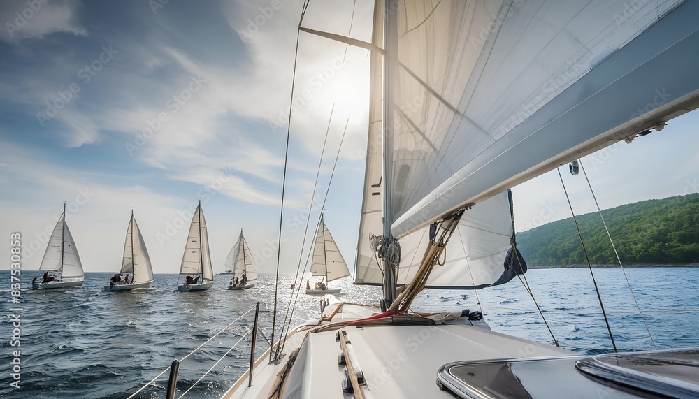 Sailboats racing on the open sea under a bright sun, capturing the excitement and skill of a sailing competition. Sailboats racing on the open sea under a bright sun, capturing the excitement and skill of a sailing competition.