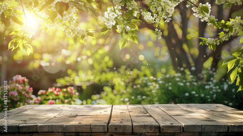 spring background with wooden bench