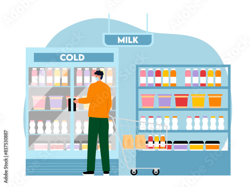 Man buying dairy items at supermarket. Supermarket vector illustration