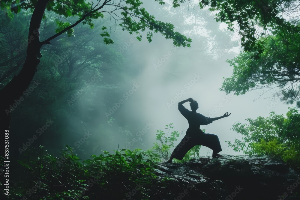 A person practicing tai chi in a mist-shrouded forest generated by AI