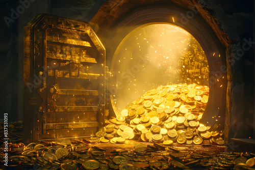  Gold Coins and Cash with Radiant Light Effects on Dark Background.