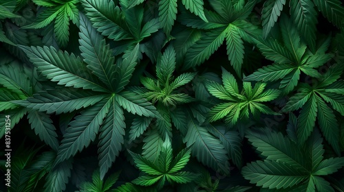Cannabis leaves background. Lush background of overlapping cannabis leaves, showcasing the plant's natural beauty and vibrant green foliage.
