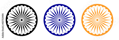 Ashok chakra in black, blue and orange color with accurate lines. Indian flag Ashoka chakra wheel in flat style. Vector illustration
