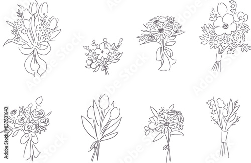 線画の花束イラスト。花束のベクターイラスト。手描きのウェディングブーケイラストセット。Bouquet illustration of line drawing. Vector illustration of bouquet. Hand drawn wedding bouquet last set.