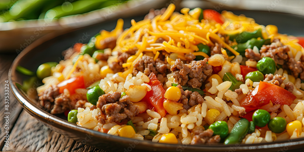 fried rice and ground beef with cheese, tomato, corn, green beans, generative AI fried rice and ground beef with cheese, tomato, corn, green beans, generative AI