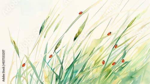 A delicate watercolor painting of tall, green grass with tiny ladybugs crawling on the blades, creating a lively and cheerful scene photo