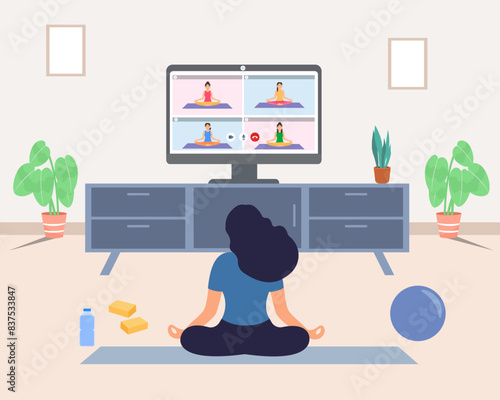 man meditating on mat, learning yoga online class using tv at home