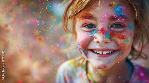 A young girl with colorful paint on her face.