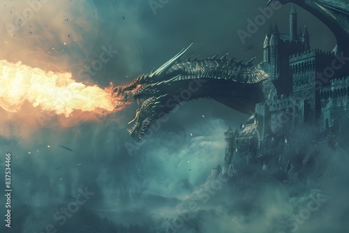 Powerful Dragon Breathing Fire Over Medieval Castle in Stormy Sky photo