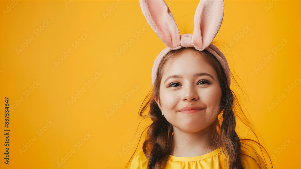 A little girl wearing bunny ears on an orange background. A little girl wearing bunny ears on an orange background.